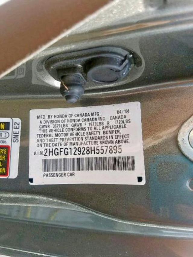 2HGFG12928H557895 - 2008 HONDA CIVIC EXL 灰色 照片 10