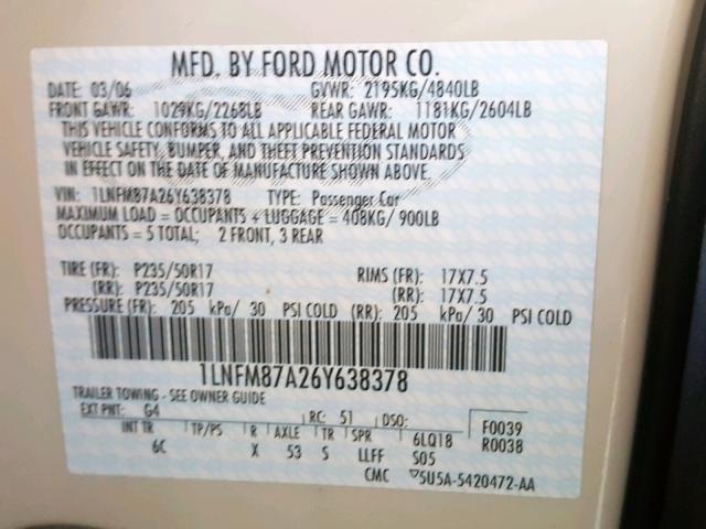 1LNFM87A26Y638378 - 2006 LINCOLN LS 白色 照片 10