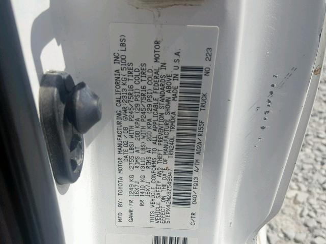 5TEPX42N28Z549947 - 2008 TOYOTA TACOMA WHITE photo 10