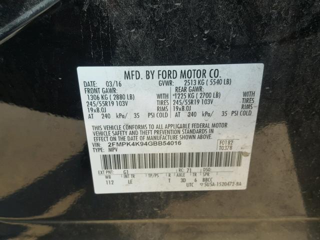 2FMPK4K94GBB54016 - 2016 FORD EDGE TITAN BLACK photo 10