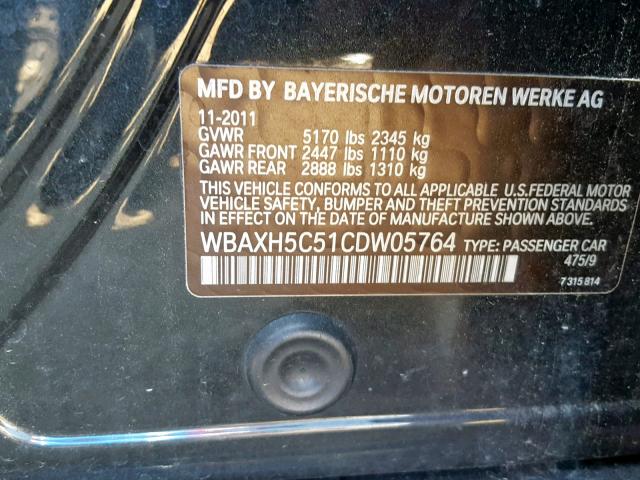 WBAXH5C51CDW05764 - 2012 BMW 528 XI BLACK photo 10
