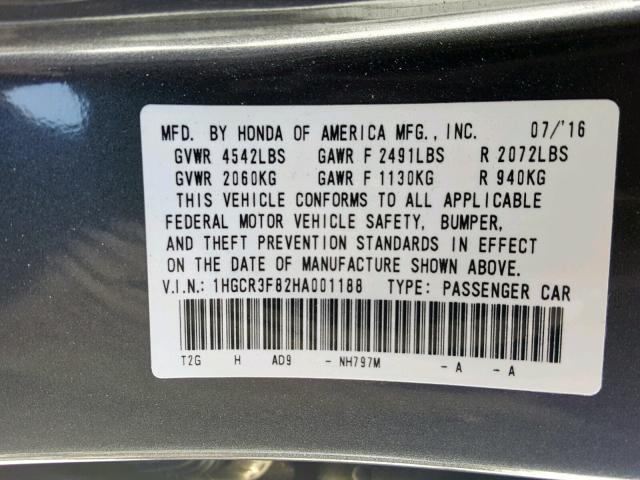 1HGCR3F82HA001188 - 2017 HONDA ACCORD EXL GRAY photo 10