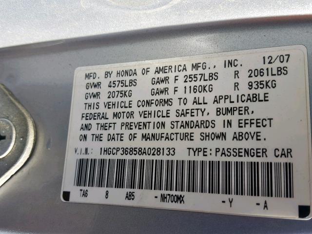 1HGCP36858A028133 - 2008 HONDA ACCORD EXL SILVER photo 10