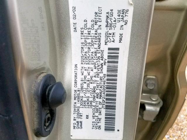 JTEGF21A020046748 - 2002 TOYOTA HIGHLANDER GOLD photo 10