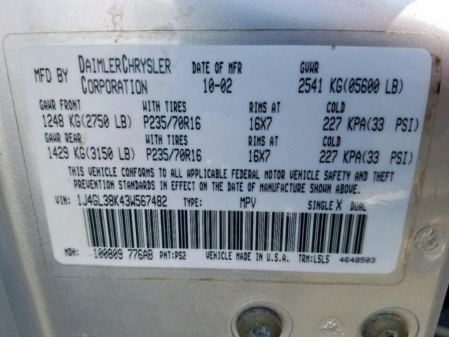 1J4GL38K43W567482 - 2003 JEEP LIBERTY RE Gümüş foto 10