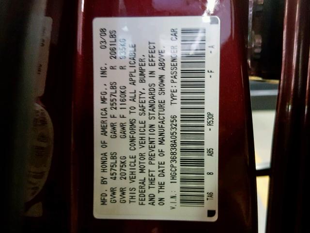 1HGCP36838A053256 - 2008 HONDA ACCORD EXL BURGUNDY photo 10