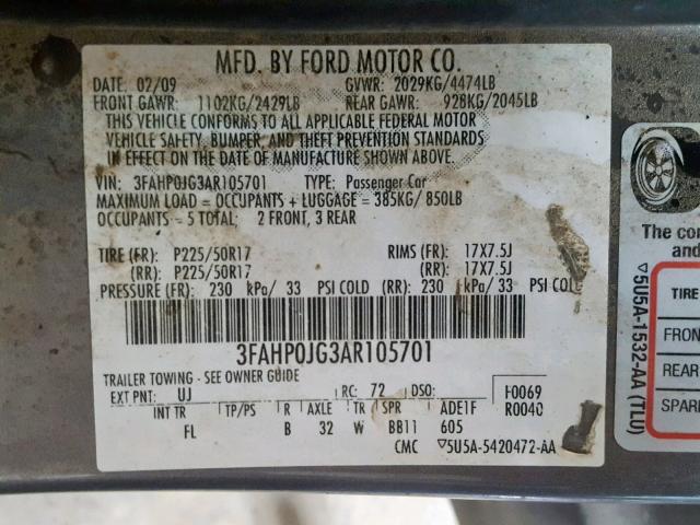 3FAHP0JG3AR105701 - 2010 FORD FUSION SEL BLACK photo 10