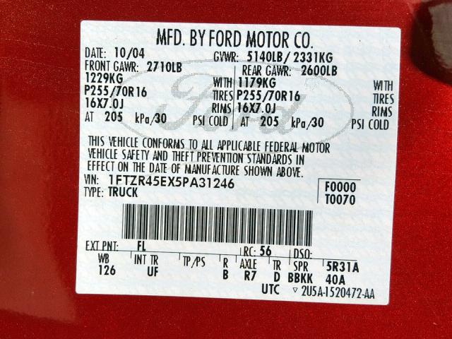 1FTZR45EX5PA31246 - 2005 FORD RANGER SUP RED photo 10