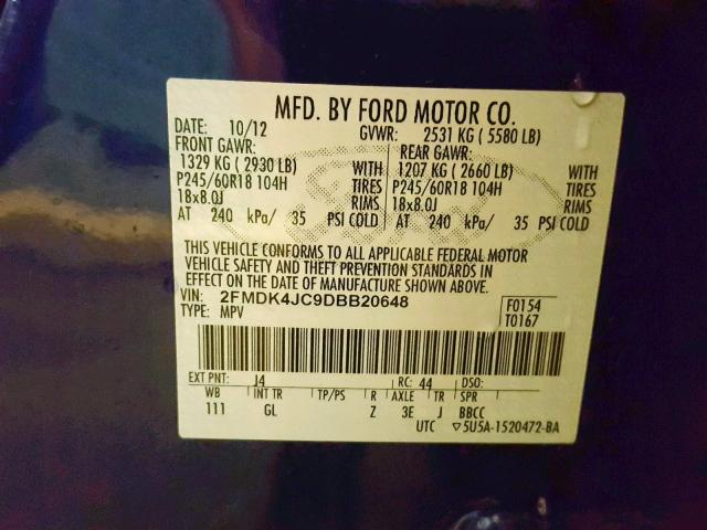 2FMDK4JC9DBB20648 - 2013 FORD EDGE SEL BLUE photo 10