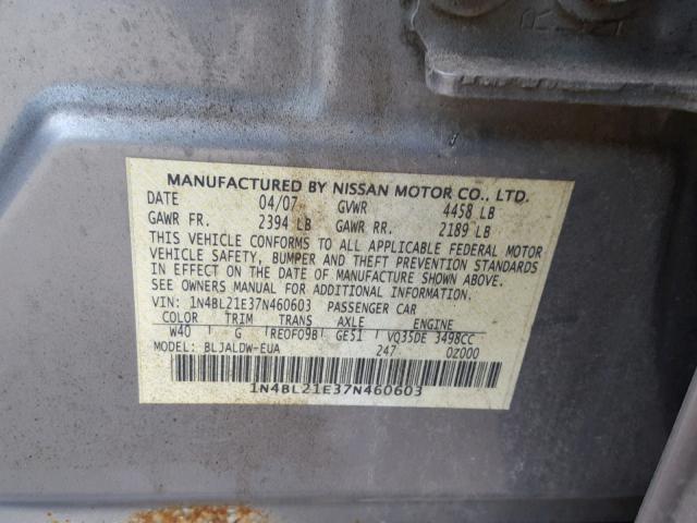 1N4BL21E37N460603 - 2007 NISSAN ALTIMA 3.5 SILVER photo 10