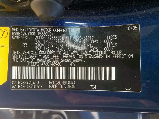 JTEEP21A760148980 - 2006 TOYOTA HIGHLANDER BLUE photo 10