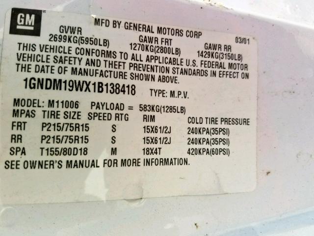 1GNDM19WX1B138418 - 2001 CHEVROLET ASTRO WHITE photo 10