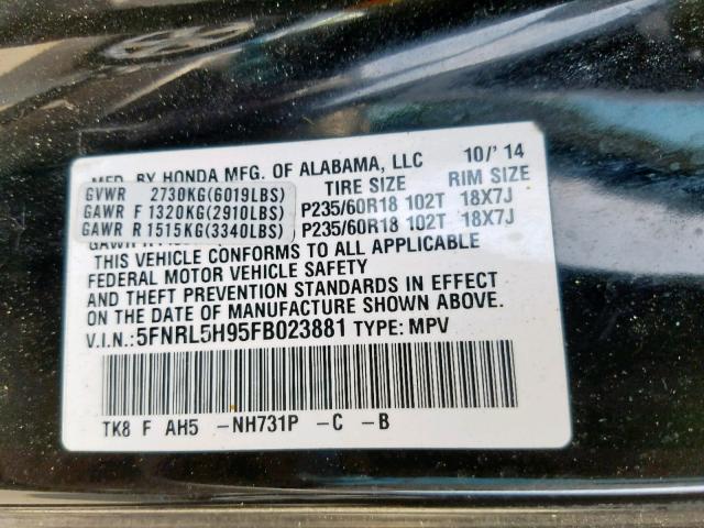 5FNRL5H95FB023881 - 2015 HONDA ODYSSEY TO BLACK photo 10