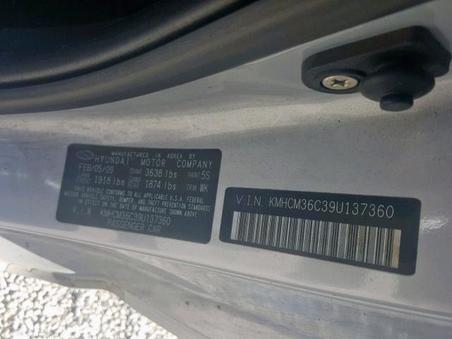 KMHCM36C39U137360 - 2009 HYUNDAI ACCENT GS SILVER photo 10