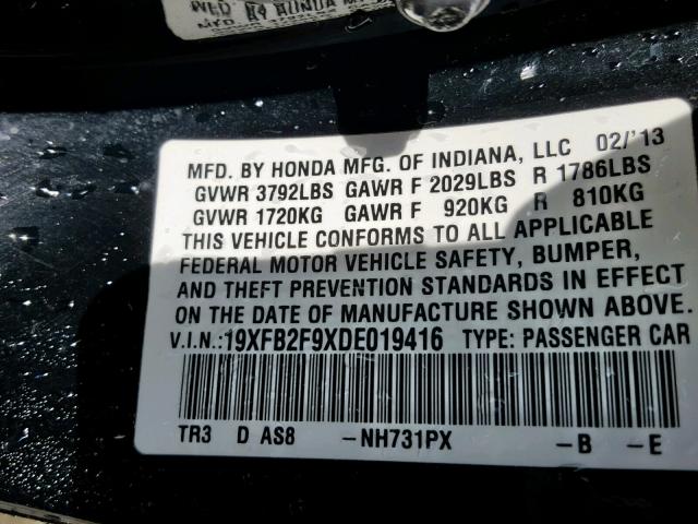 19XFB2F9XDE019416 - 2013 HONDA CIVIC EXL 黑色 照片 10