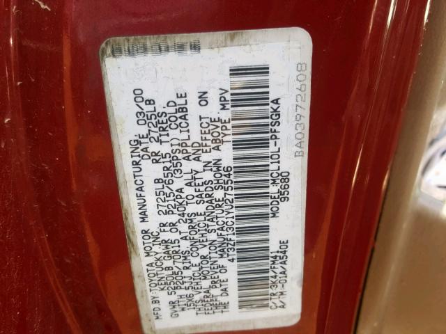 4T3ZF13C1YU275546 - 2000 TOYOTA SIENNA LE RED photo 10