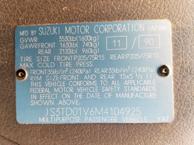 JS3TD01V6M4104925 - 1991 SUZUKI SIDEKICK J GRAY photo 10