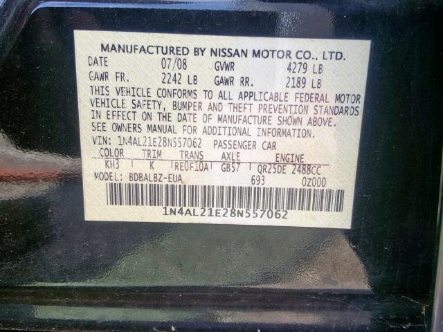 1N4AL21E28N557062 - 2008 NISSAN ALTIMA 2.5 BLACK photo 10