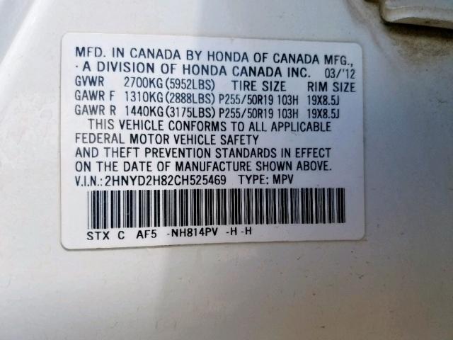 2HNYD2H82CH525469 - 2012 ACURA MDX ADVANC WHITE photo 10