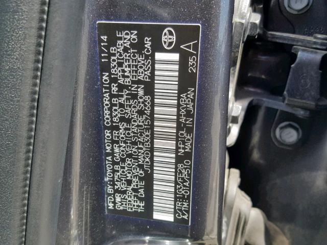 JTDKDTB30E1574668 - 2014 TOYOTA PRIUS C GRAY photo 10