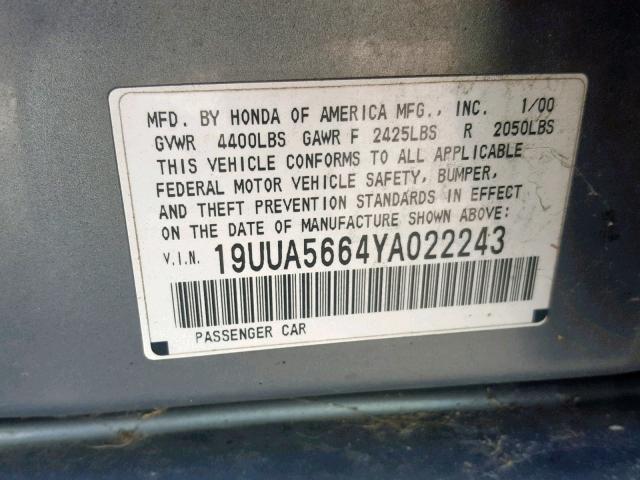 19UUA5664YA022243 - 2000 ACURA 3.2TL GRAY photo 10