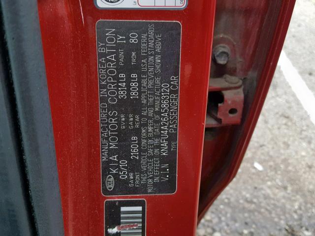 KNAFU4A26A5863120 - 2010 KIA FORTE EX RED photo 10