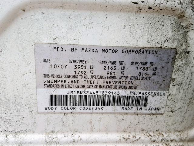 JM1BK324481839143 - 2008 MAZDA 3 S WHITE photo 10