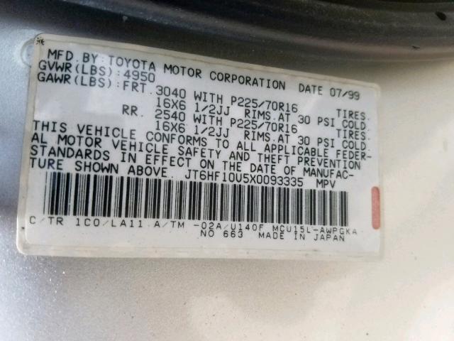 JT6HF10U5X0093335 - 1999 LEXUS RX 300 SILVER photo 10