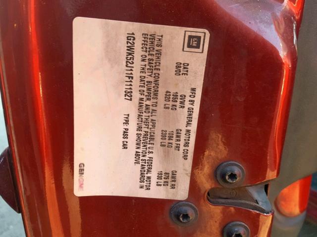 1G2WK52J11F111327 - 2001 PONTIAC GRAND PRIX MAROON photo 10