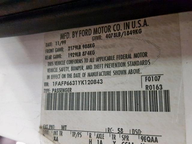 1FAFP6631YK120843 - 2000 FORD CONTOUR SE WHITE photo 10