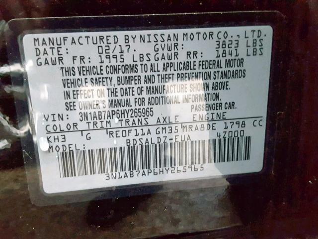 3N1AB7AP6HY265965 - 2017 NISSAN SENTRA S BLACK photo 10