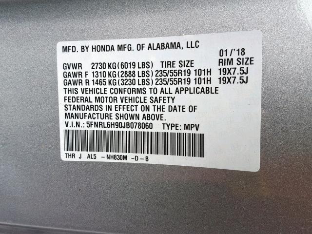 5FNRL6H90JB078060 - 2018 HONDA ODYSSEY EL SILVER photo 10