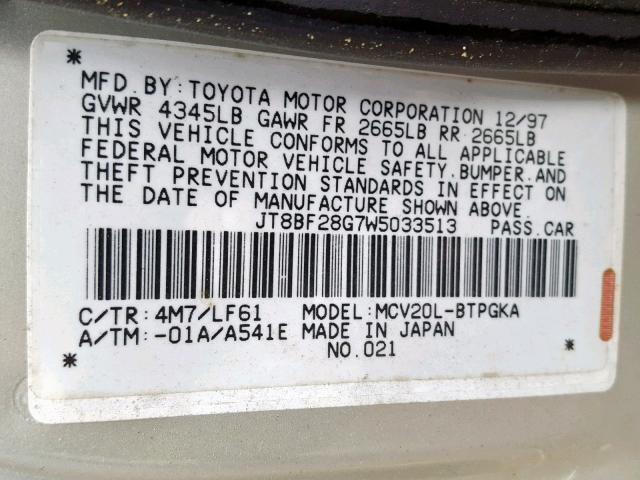 JT8BF28G7W5033513 - 1998 LEXUS ES 300 GOLD photo 10