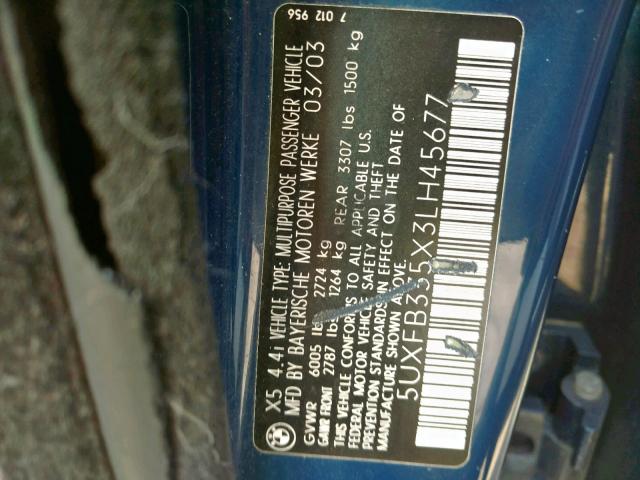 5UXFB335X3LH45677 - 2003 BMW X5 4.4I BLUE photo 10