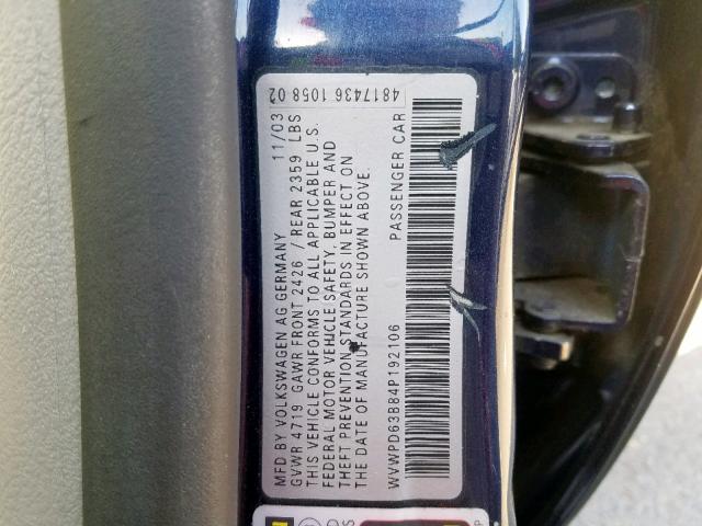 WVWPD63B84P192106 - 2004 VOLKSWAGEN PASSAT GLS BLUE photo 10