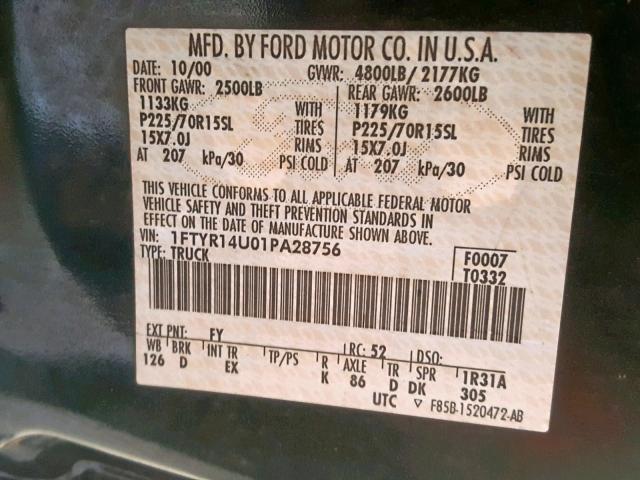 1FTYR14U01PA28756 - 2001 FORD RANGER SUP GREEN photo 10