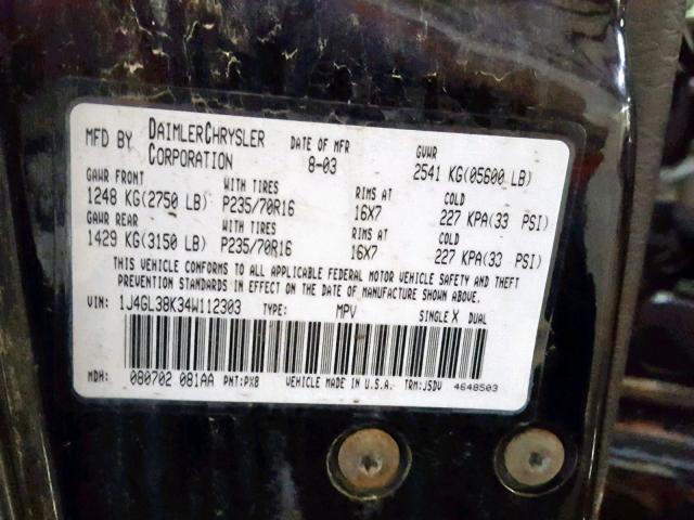 1J4GL38K34W112303 - 2004 JEEP LIBERTY RE BLACK photo 10