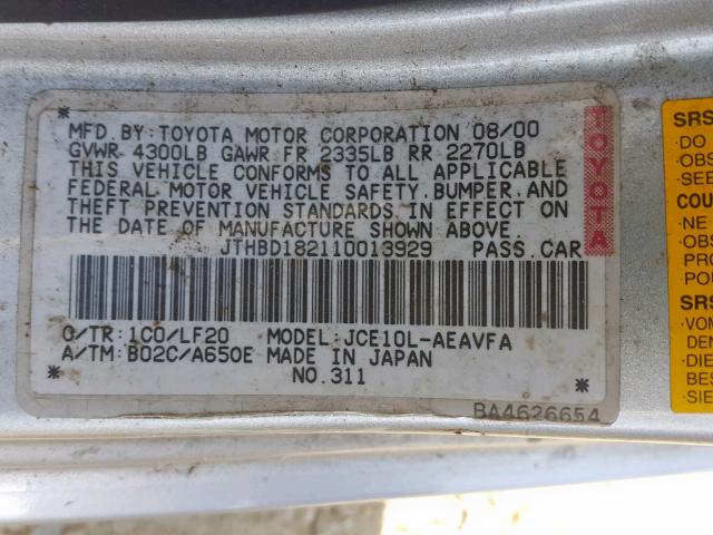 JTHBD182110013929 - 2001 LEXUS IS 300 SILVER photo 10