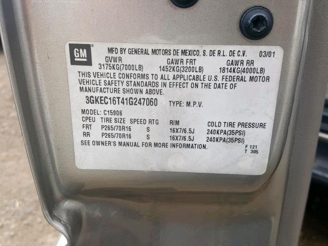 3GKEC16T41G247060 - 2001 GMC YUKON XL C BEIGE photo 10