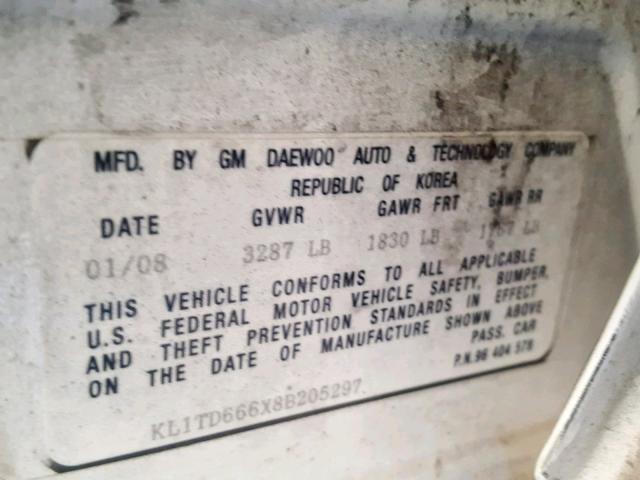 KL1TD666X8B205297 - 2008 CHEVROLET AVEO BASE Ağ foto 10