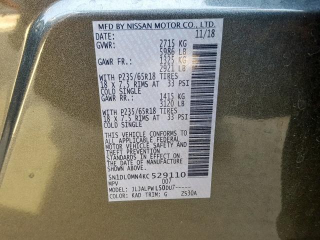 5N1DL0MN4KC529110 - 2019 INFINITI QX60 LUXE GRAY photo 10