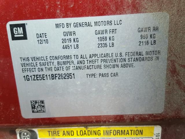 1G1ZE5E11BF262951 - 2011 CHEVROLET MALIBU LTZ 红色 照片 10