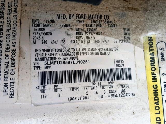 5LMFU28597LJ10251 - 2007 LINCOLN NAVIGATOR 白色 照片 10