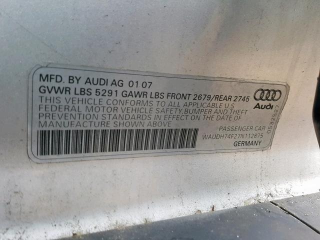 WAUDH74F27N112875 - 2007 AUDI A6 3.2 QUA SILVER photo 10