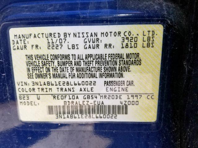 3N1AB61E28L660022 - 2008 NISSAN SENTRA 2.0 BLUE photo 10