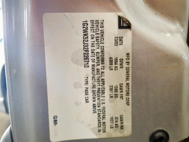 1G2WK52J32F226710 - 2002 PONTIAC GRAND PRIX SILVER photo 10
