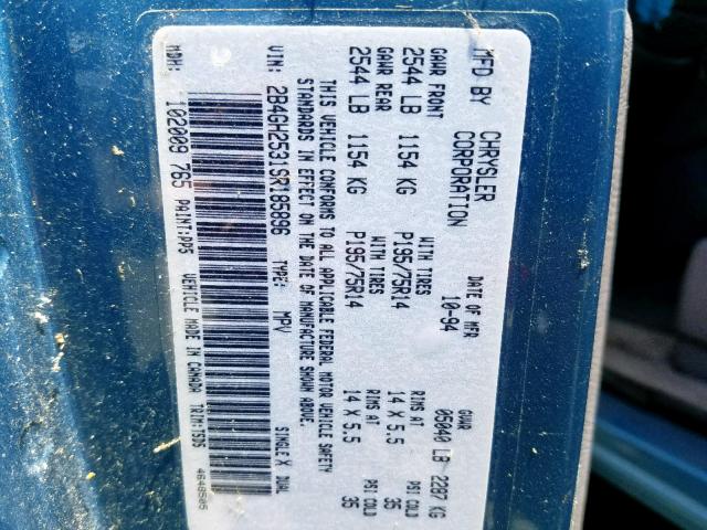 2B4GH2531SR185896 - 1995 DODGE CARAVAN BLUE photo 10