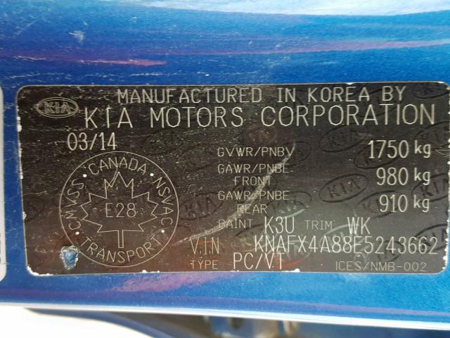 KNAFX4A88E5243662 - 2014 KIA FORTE EX BLUE photo 10