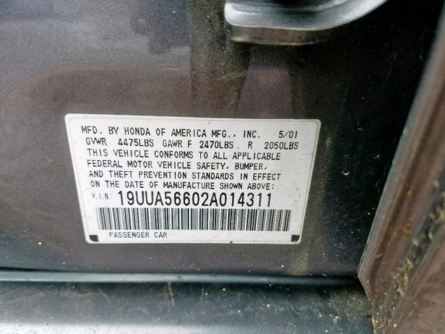 19UUA56602A014311 - 2002 ACURA 3.2TL GRAY photo 10