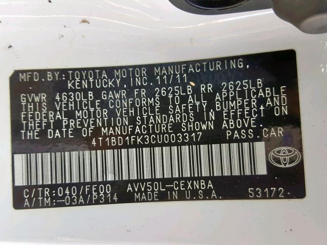 4T1BD1FK3CU003317 - 2012 TOYOTA CAMRY HYBR WHITE photo 10